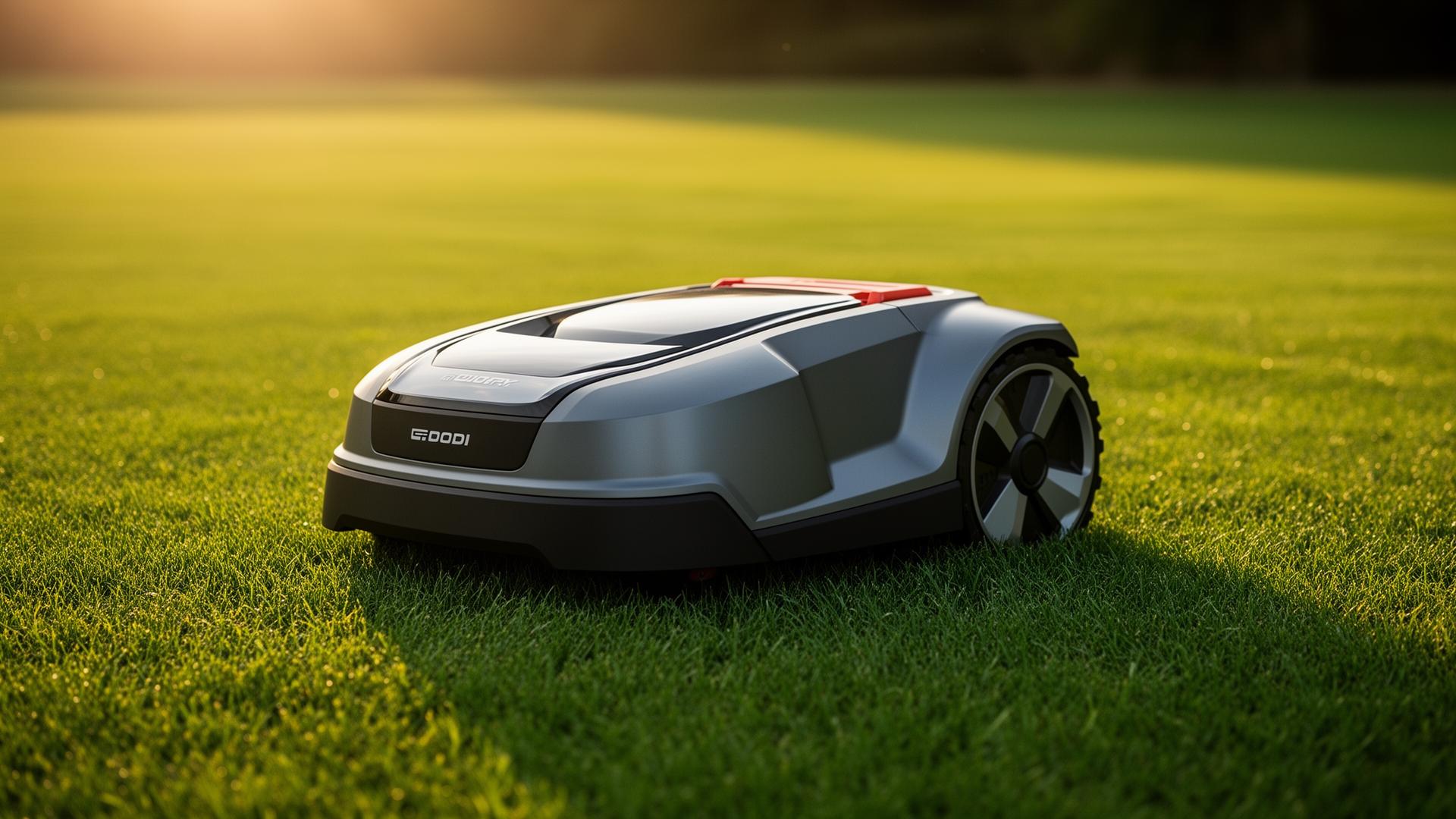 Robot lawn mower on a manicured British lawn